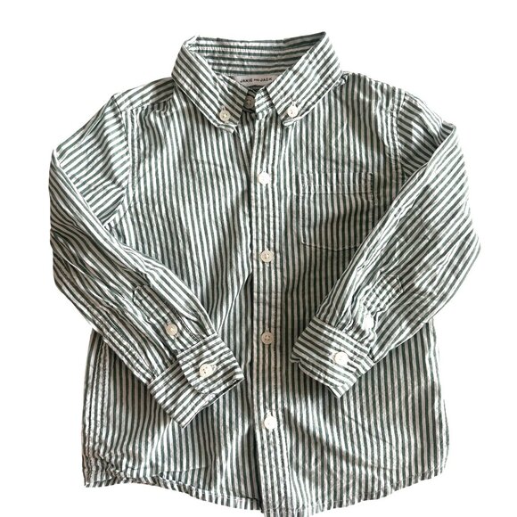 Janie & Jack Boys Green & White Striped Button-Down Shirt 18-24 Months - Picture 1 of 7